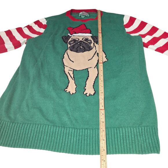 Ugly Christmas Sweater XL Pug Puppy Dog Santa hat Green Striped Holiday Funny - Picture 6 of 11